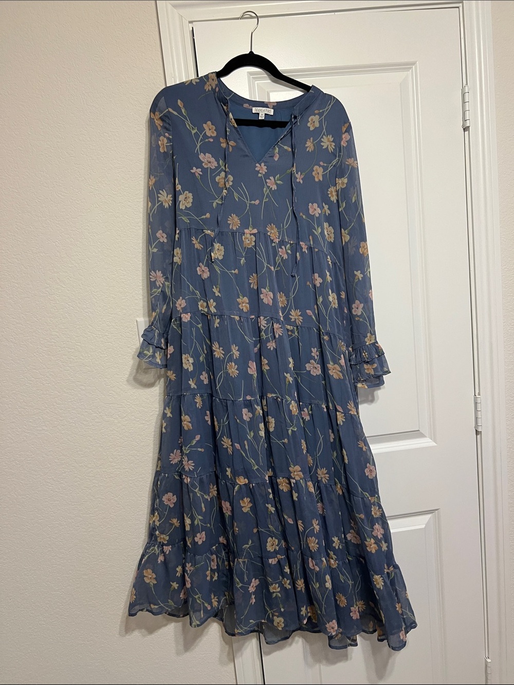 Patrons of Peace Blue Floral Tiered Long-Sleeve Midi Dress